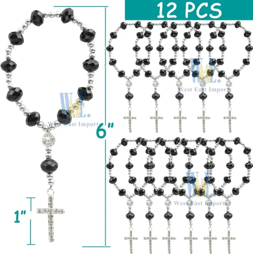 Vista 2 de 12 pulseras de rosario de cristal con diamantes de imitación, cruz, bautismo, boda, primera comunión, recuerdo de quinceañera, regalo conmemorativo