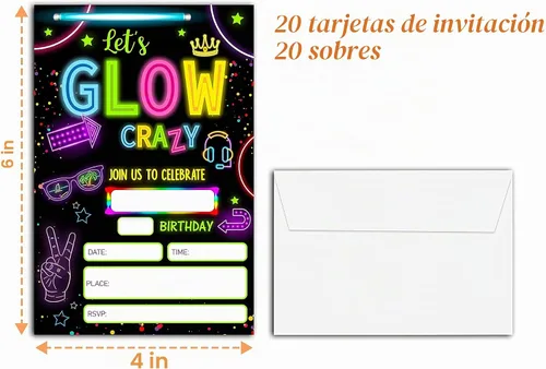 Vista 2 de Invitaciones de fiesta de cumpleaños con neón y brillo, 20 unidades. Invitaciones temáticas de cumpleaños "Let's Glow Crazy" con sobres - HBYQK-B02