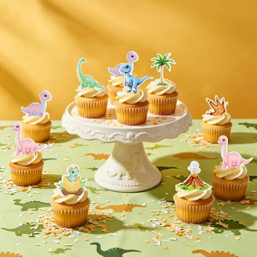 Vista 4 de 40 piezas de dinosaurios comestibles para cupcakes, huevos de dinosaurio volcán, palillos de cupcakes, lindos dinosaurios, selecciones de comida