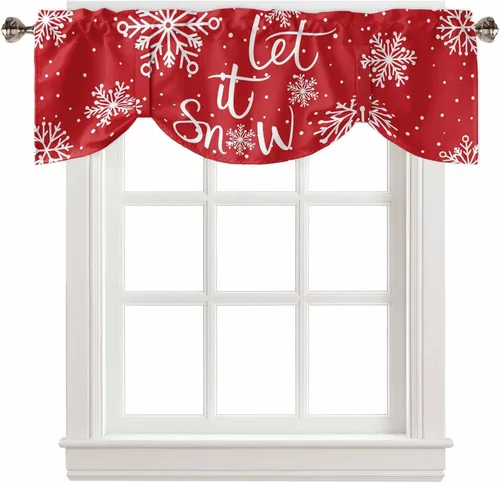 Vista 35 de Cenefa de cortina con lazo rojo de Navidad para ventanas, sala de estar, cocina, baño, granja, bolas de Navidad de acuarela con diseño de bayas
