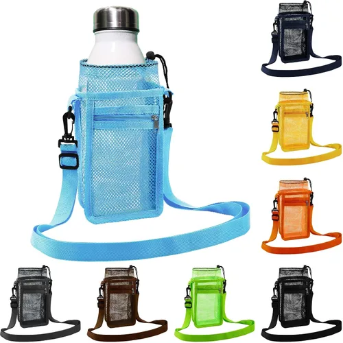Vista 8 de Berlune Soporte para botella de agua de 14 a 30 onzas con cordón y bolsillo con cremallera, bolsa de malla ajustable para caminar