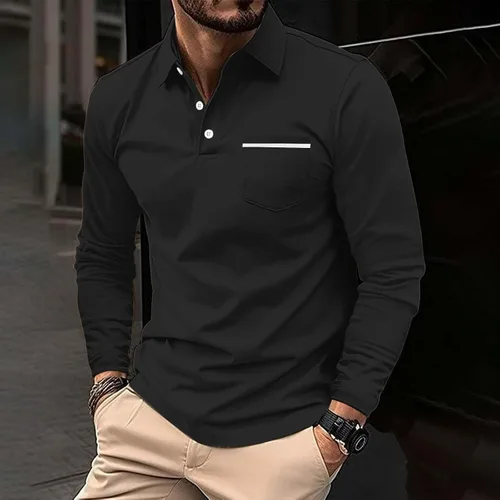 Vista 3 de Polo de manga larga para hombre, diseño casual de algodón con bolsillo, cuello clásico con botón para golf