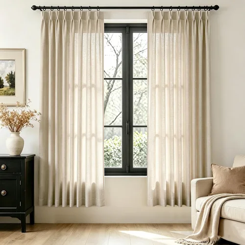 Vista 42 de Cortinas de lino de 63 pulgadas, juego de 2 paneles para sala de estar, beige natural, cortinas con pliegues pellizco entrenadas con memoria