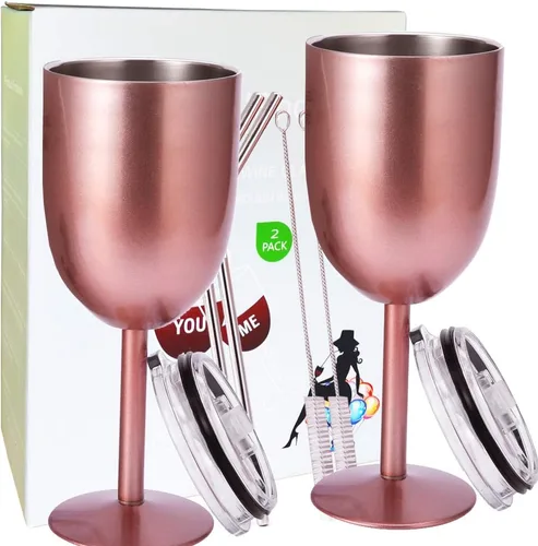 Vista 17 de AMZUShome Copas de vino de acero inoxidable. Vaso de vino de doble pared aislado al vacío con tapa y pajita. Amistad, Navidad, regalos de cumpleaños
