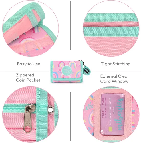 Vista 5 de mibasies Cartera infantil para niñas de 3 a 8 años, billetera triple para regalar, arco iris a2, Billetera triple para niños