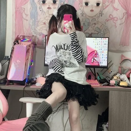 Vista 6 de Camisetas de manga larga de anime para mujer, retazos, Kawaii Harajuku, falsas de dos piezas góticas
