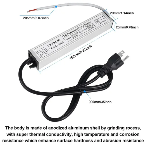 Vista 2 de inShareplus Fuente de alimentación LED de 12 V, 30 W IP67 controlador impermeable para exteriores, CA 110-260 V a CC 12 V 2.5 A transformador