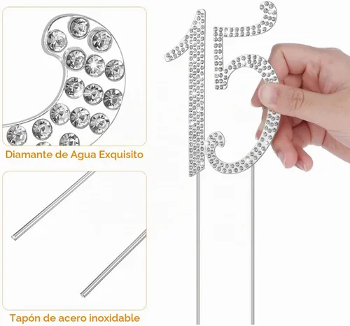 Vista 8 de ABOOFAN - Decoración para tarta de cumpleaños número 15, con diamantes de imitación plateados número 15, suministros de fiesta de aniversario