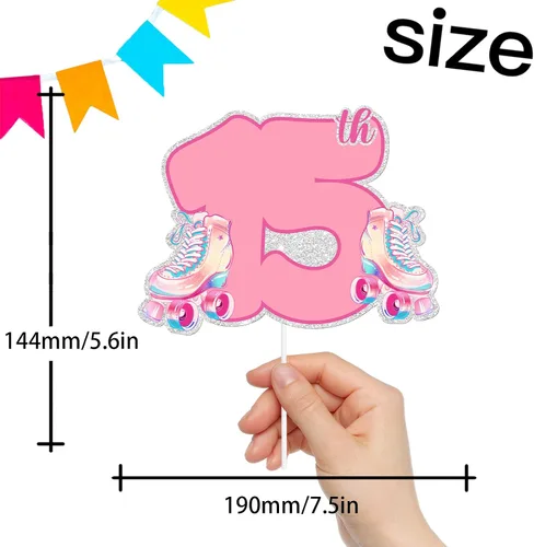 Vista 2 de Patines de ruedas con purpurina rosa para decoración de tartas para niños y niñas de 15 años, suministros de decoración de fiesta de cumpleaños