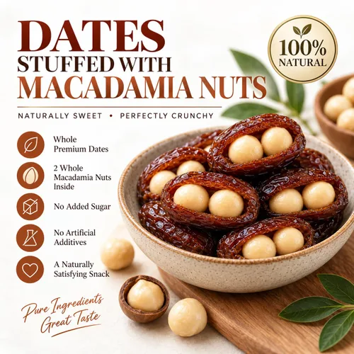 Vista 2 de Dátiles premium rellenos de nueces de macadamia, dátiles masticables suaves en caja con nueces de macadamia crujientes, sin azúcar añadido