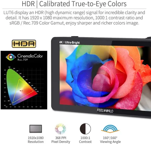 Vista 4 de FEELWORLD LUT6 6 pulgadas 2600nits HDR 3D LUT pantalla táctil DSLR Cámara Monitor de campo con forma de onda VectorScope histograma 4K entrada HDMI