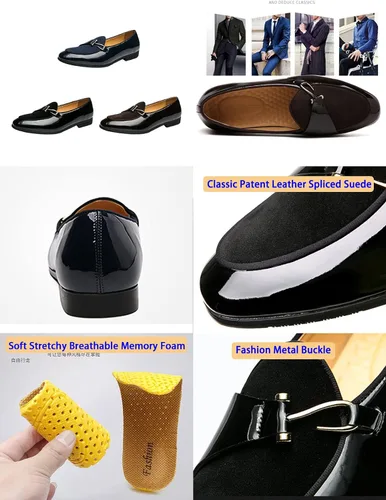 Vista 2 de Zapatos de vestir de esmoquin con punta puntiaguda para hombre, mocasines de piel de charol empalme de gamuza casual Derby Oxford sin cordones