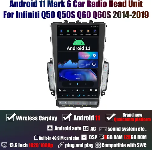 Vista 2 de Aucar Mark 6 - Unidad principal de radio de coche Android estilo T de 13.6 pulgadas para Infiniti Q50 Q50S Q60 Q60S, reproductor de video estéreo