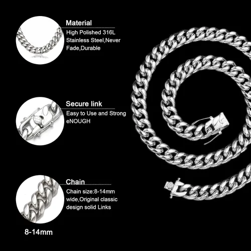 Vista 4 de Cuban Chain Necklace for Men Women 18k Silver Gold Stainless Steel Cuban Chains 8mm 10mm Width Fashion Hip Hop Jewelry