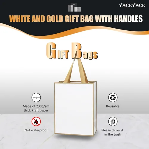 Vista 5 de Bolsas de regalo blancas con marco dorado, 20 unidades, 8 x 4.25 x 10.5 pulgadas, medianas y blancas y doradas, elegantes bolsas de regalo de lujo