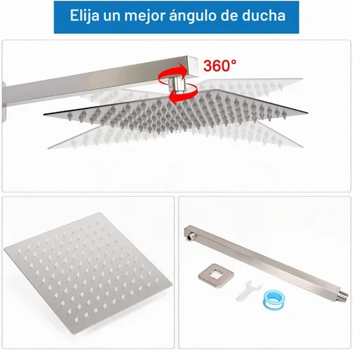 Vista 5 de Cabezal de ducha con brazo de extensión, cuadrado de alta presión con brazo de ducha, cobertura de cuerpo completo de cascada de lluvia de acero