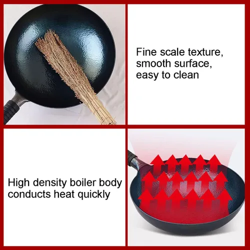 Vista 6 de Olla de hierro chino, woks de hierro multiusos, sartén para freír, forjado a mano sin revestimiento, olla antiadherente, wok, adecuado para estufas