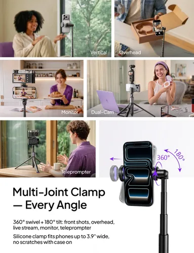 Vista 6 de LISEN - Trípode selfie stick de 67 pulgadas con control remoto para creadores de contenido Content creator essentials: 67" phone tripod with