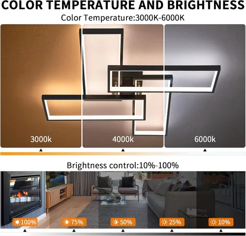 Vista 4 de Shine LUEST Modernas luces LED de techo para dormitorio, 26 pulgadas, regulables, cuadradas, para sala de estar, con control remoto, lámpara negra