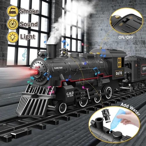 Vista 3 de Conjunto de tren para niños, locomotora con control remoto bajo el árbol de Navidad, tren eléctrico de juguete con vagones y vías largas, regalo
