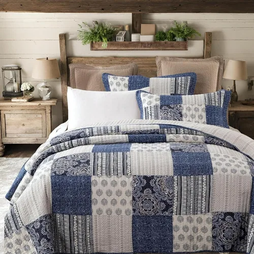 Vista 5 de DaDa Bedding - Juego de colcha de tela vaquera, diseño floral, 100 % algodón, bohemio, chic, ligero, acolchado, a rayas, medallón de cachemira