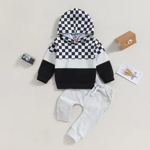 Vista 8 de Ropa para bebé niño pequeño, sudadera con capucha y bloques de color, 2 piezas, sudadera para otoño e invierno