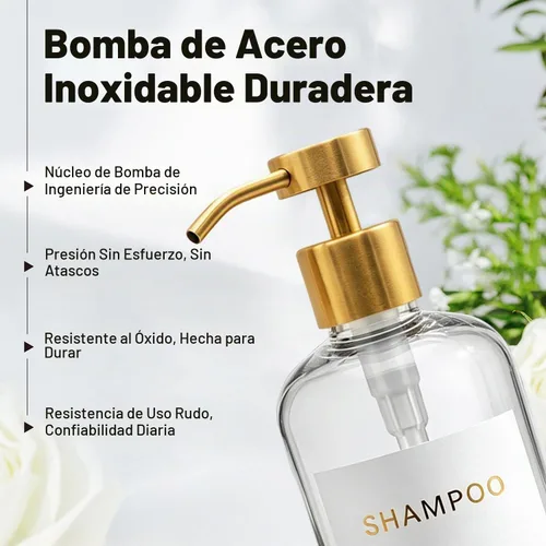 Vista 6 de Prus Waso Botellas recargables de champú y acondicionador, transparentes y Transparente y dorado