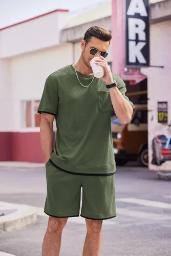 Vista 12 de COOFANDY Conjunto de camisa y pantalones cortos de gofre para hombre, conjunto de 2 piezas, conjunto casual de verano con bolsillos