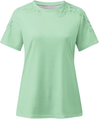 Vista 4 de Tops básicos para mujer, camisetas con estampado de flores de encaje, camiseta de manga corta calada de cuello Redondo