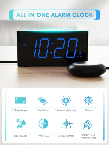 Vista 2 de ROCAM Reloj despertador extra fuerte con agitador de cama, reloj despertador vibratorio para personas que duermen con problemas auditivos sordos