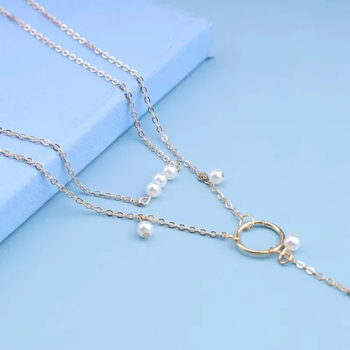 Vista 4 de Erimberate Collar de perlas bohemias en capas, collar largo vintage en Y, collar de círculo de karma de oro, collar de perlas pequeñas Lariat