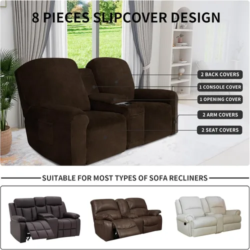 Vista 3 de Easy-Going Sofá biplaza reclinable de terciopelo con funda de consola central, fundas elásticas para sofá reclinable de 8 piezas, funda de sofá