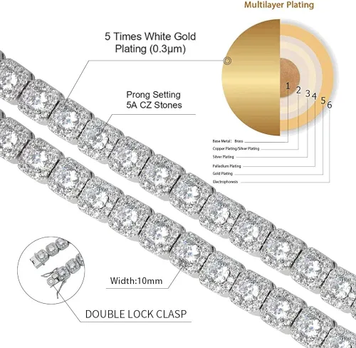 Vista 2 de JINAO - Cadena de eslabones para hombre estilo tenis chapada en oro de 18 quilates, de 0.39 (10 mm) de ancho, completamente decorada con circonitas