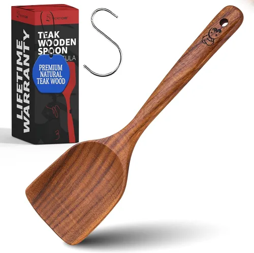 Vista 13 de PriorityChef - Cuchara larga de madera para cocinar, cuchara de cocina grande de teca duradera para servir, revolver y uso diario, segura