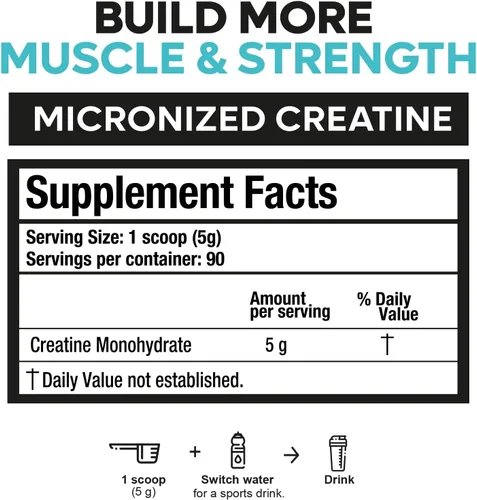 Vista 3 de Monohidrato de creatina en polvo micronizado 15.87 oz, 90 porciones, 5000 mg por servicio (0.18 oz) sin sabor, vegano y apto para dieta cetogénica