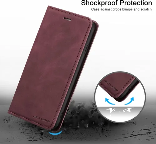 Vista 5 de QLTYPRI Funda para iPhone 6 Plus/6S Plus, cubierta de piel PU con tarjetero, funda tipo billetera con solapa magnética y a prueba de golpes - Vino