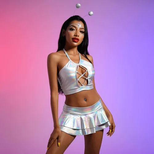Vista 3 de ABAFIP Conjunto de ropa holográfica para mujer, con tirantes holográficos, top corto con volantes, minifalda metálica para festivales