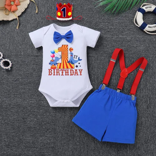 Vista 2 de IBTOM CASTLE Disfraz de carnaval de circo para el primer cumpleaños con temática de carnaval para bebé niño con tirantes y pajarita, sombrero