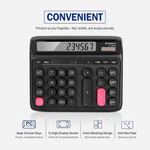 Vista 6 de Comix Calculadora de escritorio con pantalla LCD grande de 12 dígitos, batería solar de doble alimentación, calculadora básica con teclas grandes