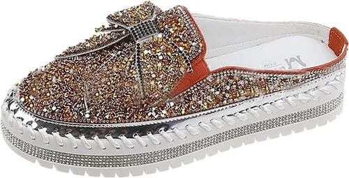 Vista 5 de Hbeylia Zapatos deportivos sin cordones para mujer, con lentejuelas y diamantes de imitación, diseño de lazo, plataforma, transpirables