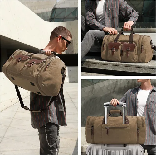 Vista 2 de Wildroad Bolsa de lona de viaje de 50 litros, bolsa de lona expandible de cuero genuino mejorada para el fin de semana durante la noche, Café
