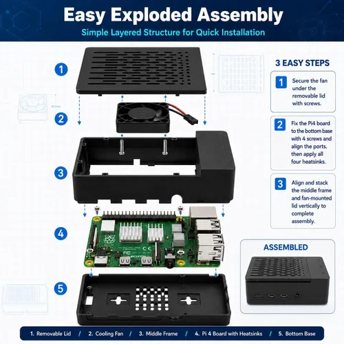 Vista 7 de iUniker Funda para Raspberry Pi 4, carcasa ABS Pi 4 con ventilador de refrigeración, disipador de calor Pi 4, cubierta superior extraíble simple