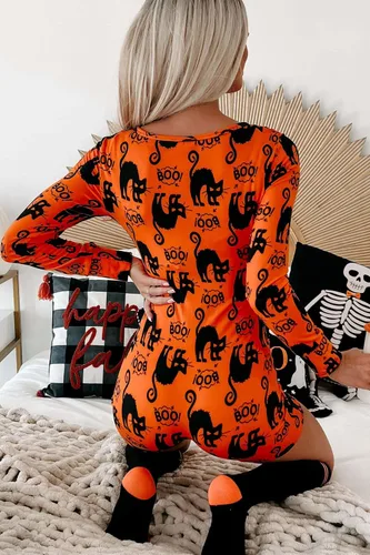 Vista 4 de Disfraz de Halloween para mujer, divertido traje de manga larga con cuello en V, bodycon, pantalones cortos, calabaza, gato, traje de gato