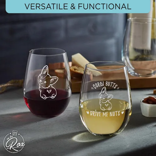 Vista 6 de On The Rox Drinks Corgi B*tts Drive Me Nuts - Juego de 2 copas de vino sin tallo para amantes de Corgi, decoración de Corgi, Cosas de Corgi, copa