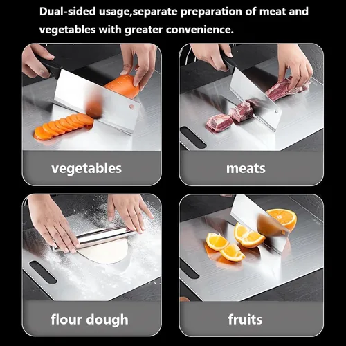 Vista 3 de Juego de tablas de cortar de acero inoxidable de 3 a 2 caras para cocina, tabla de cortar de acero inoxidable 304 no plástica para carne, frutas