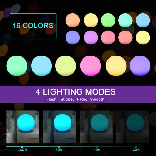 Vista 4 de Paquete de 2 luces LED recargables de 3 pulgadas, 16 esferas de brillo de color, 4 modos, bolas de iluminación ambiental impermeables, orbes