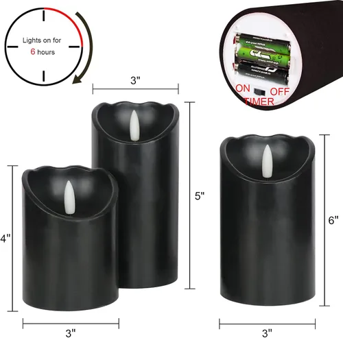 Vista 2 de Velas de pilar sin llama negras con temporizador de 6H, alimentadas por batería AAA, mecha y cera reales, velas LED parpadeantes con tema