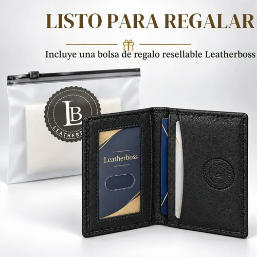 Vista 5 de Leatherboss Cartera Bifold Delgada de Cuero Genuino Porta Tarjetas de Crédito, Débito e ID Compacta y Elegante con Ventanas Transparentes