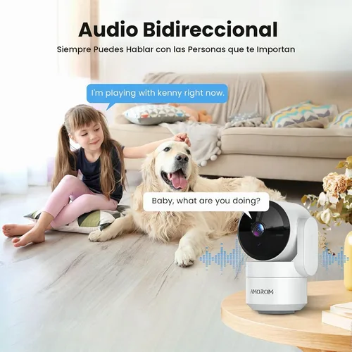 Vista 4 de AMOROM Cámara de seguridad para interiores 360° con panorámica/inclinación, monitor para mascotas, perros y bebés, visión nocturna HD 1080P