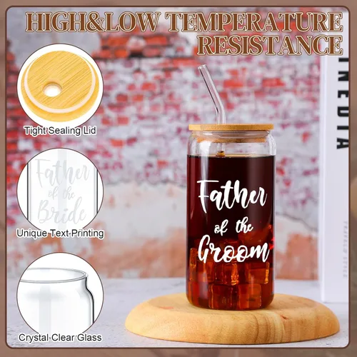Vista 3 de 2 juegos de tazas de vidrio para madre del novio con tapas y pajitas, tazas de café helado de 16 onzas, regalos de boda para novia y novio (padre)